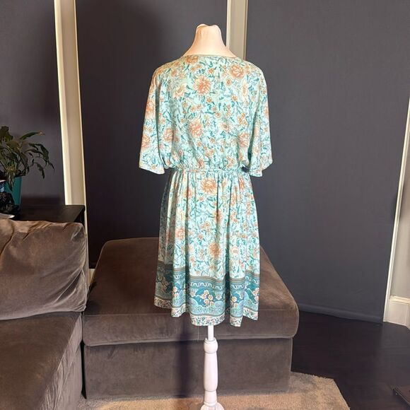 Women V-Neck Bohemian Blue Floral Print Short Summer Dress Cover Up Size 3XL NEW - Picture 7 of 14